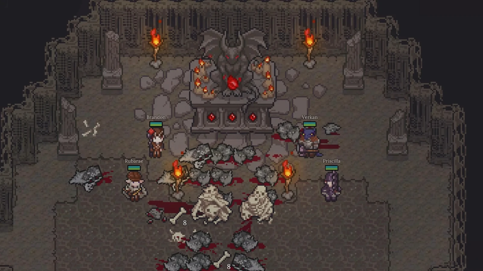 Dungeon Settlers characters beside a torchlit stone altar in a dungeon.